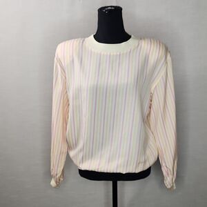 Vintage 80s Liz Claiborne Pastel Striped Blouse | Long Sleeve Retro Top S